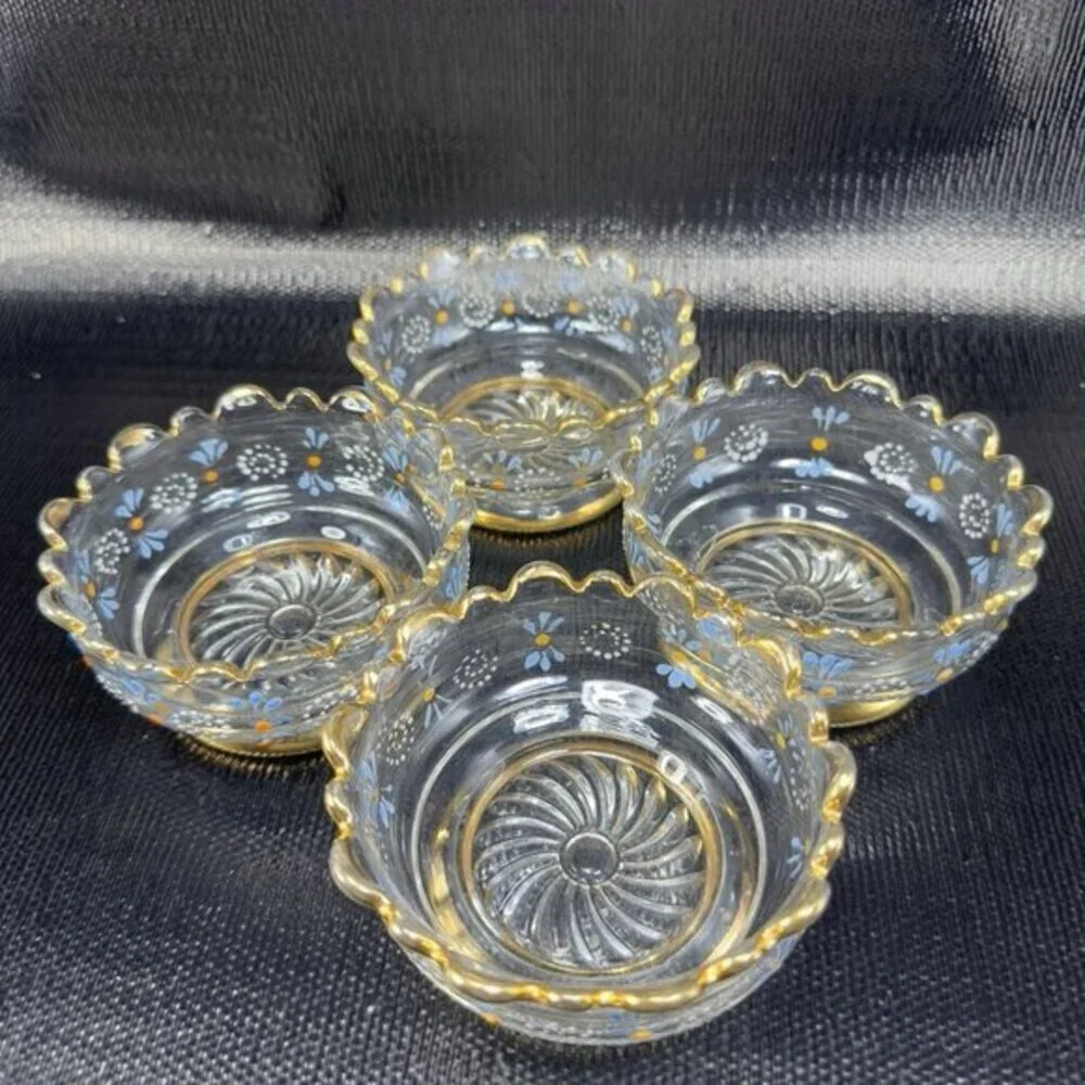 Antique Enameled Paint‎ Glass Bowl Dish Gold Painted Edge Manganese 365nm Set 4